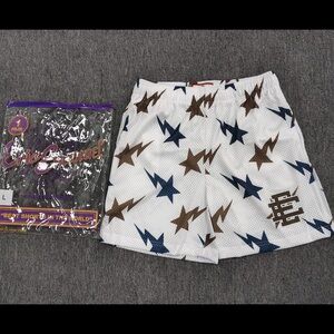 Eric Emanuel White Mesh Shorts with Navy & Brown Star Pattern